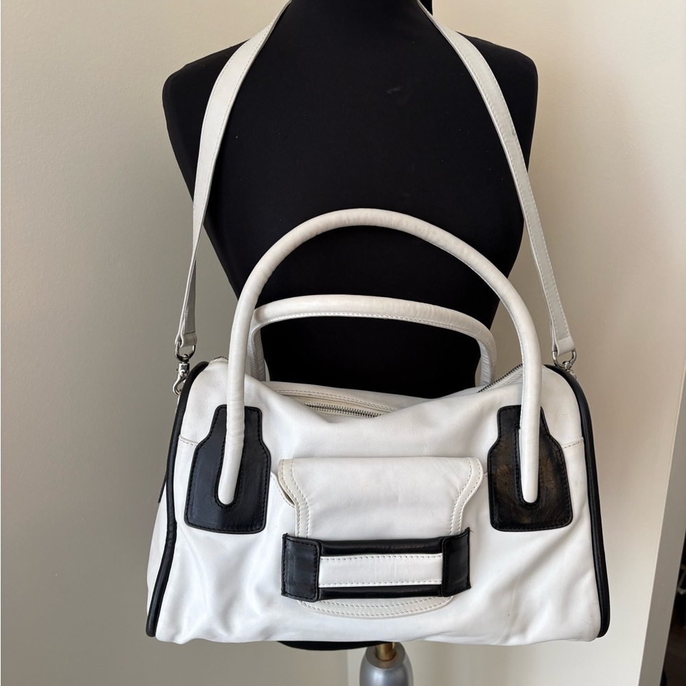 White and Black Contrast Leather Satchel with Top Handles
